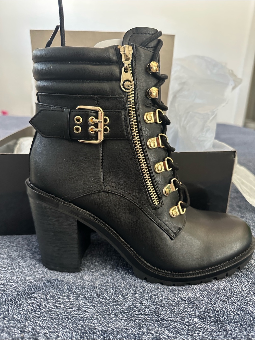 Women's Black High-Heel Combat Boot with Gold Hardware